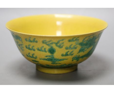 A Chinese yellow ground sgraffito’dragon’ bowl, Kangxi mark but later15cm diameter