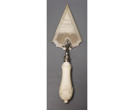 A George V ivory handled silver presentation trowel, with engraved inscription. London, 1928, 33cm, gross weight 8.5oz.