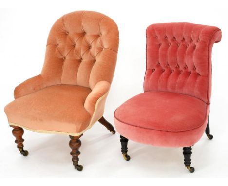 A VICTORIAN EBONISED NURSING CHAIR UPHOLSTERED IN PINK BUTTON BACK FABRIC AND A VICTORIAN MAHOGANY NURSING CHAIR 