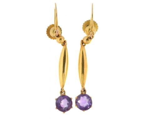 A PAIR OF AMETHYST AND GOLD EARRINGS, MARKED 9CT, 25MM, 1.6G++GOOD CONDITION