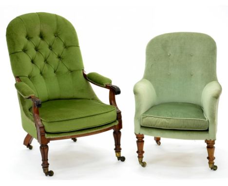 A VICTORIAN ROSEWOOD ARMCHAIR ON BRASS CASTORS, UPHOLSTERED IN GREEN BUTTON BACK FABRIC AND A VICTORIAN WALNUT ARMCHAIR