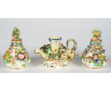 A COALPORT 'COALBROOKDALE' FLORAL ENCRUSTED CHAMBER CANDLESTICK AND PAIR OF CONTEMPORARY ENGLISH PEAR SHAPED SCENT BOTTLES AN