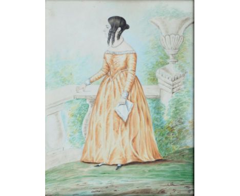 ENGLISH SCHOOL, 19TH C, FULL LENGTH PORTRAIT OF A LADY WITH RINGLETS IN HER HAIR, WATERCOLOUR, 27 X 20CM