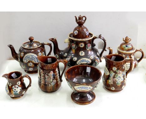 A COLLECTION OF VICTORIAN BARGEWARE, COMPRISING TWO TEAPOTS AND COVERS, THREE JUGS AND A PEDESTAL SUGAR BOWL, EACH IMPRESSED 