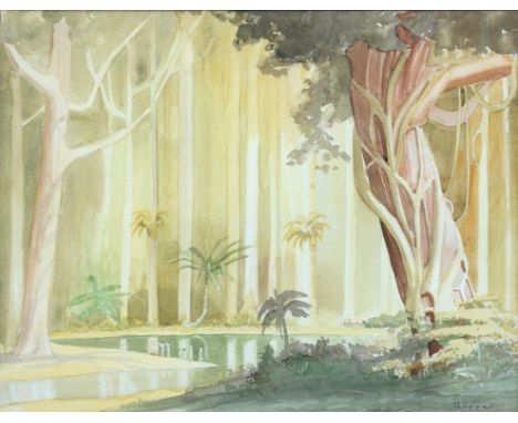 DAVID HOPPER, A JUNGLE POOL, SIGNED, WATERCOLOUR, 34 X 43CM