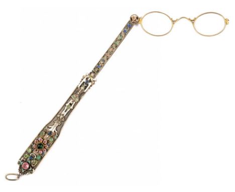 A CONTINENTAL JEWELED SILVER AND ENAMEL LORGNETTE, THE REVERSE ENGRAVED WITH SCROLLING FOLIAGE, 22.5CM L