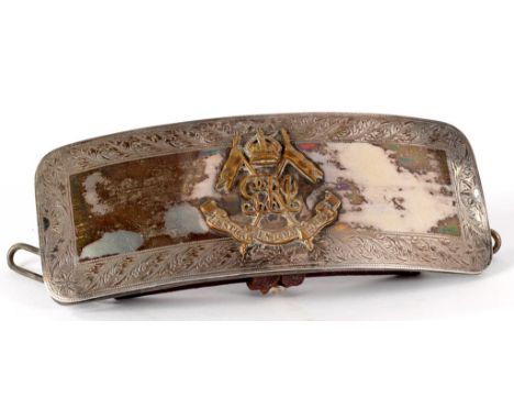 MILITARIA. AN OFFICER'S SILVER PLATED AND MAROON LEATHER CROSS BELT POUCH, WITH CENTRAL INDIA HORSE INSIGNIA AND TWO SILVER L