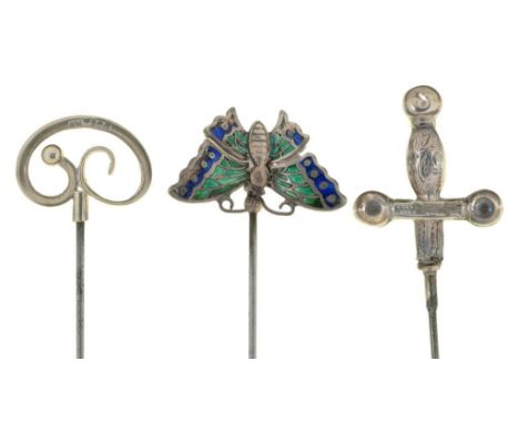 A CHARLES HORNER SILVER AND ENAMEL BUTTERFLY HAIR PIN, A PEARCE & THOMPSON SILVER HAIR PIN AND AN ADIE & LOVEKIN SILVER HAIR 