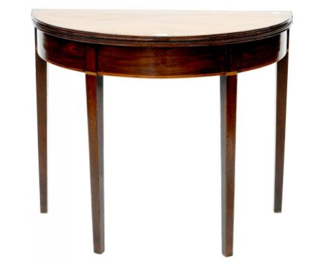 A GEORGE III INLAID MAHOGANY FOLDING CARD TABLE ON SQUARE TAPERING LEGS, 73CM H; 91CM W
