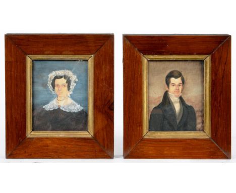 19TH C SCHOOL, PORTRAIT MINIATURES OF A LADY AND GENTLEMAN, A PAIR, OIL ON BOARD WITH DATE ON THE BACKBOARD 'TAKEN AT HEAGE 3