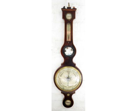 AN EARLY 19TH C MAHOGANY AND LINE INLAID BAROMETER, THE BUBBLE LEVEL INSCRIBED M AND ME LEVIN LONDON, PEDIMENT DAMAGED, 110CM