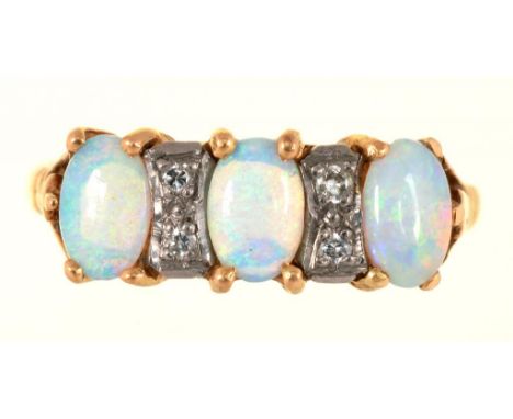 AN OPAL AND DIAMOND 18CT GOLD RING, LONDON 1975, 3.4G, SIZE L/M++SLIGHT BUILD UP OF DIRT AND GRIME UNDER SETTINGS