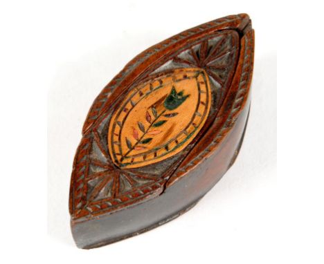 TREEN. A 19TH C CHIP CARVED NAVETTE SHAPED FRUITWOOD SNUFF BOX AND COVER, THE SLIDING COVER WITH POLYCHROME DECORATED LIGHTWO