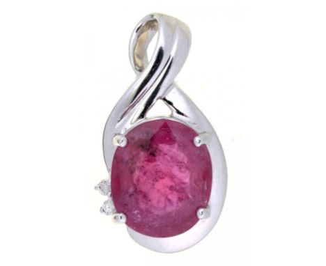 A RUBY AND DIAMOND PENDANT IN WHITE GOLD, UNMARKED, 22 X 12MM, 4.95G++GOOD CONDITION