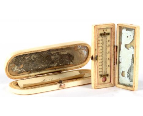 AN EARLY 19TH C ENGLISH IVORY TOOTHPICK BOX, A MIRROR TO THE UNDERSIDE OF THE LID, 19CM L AND A SMALLER CONTEMPORARY EXAMPLE,