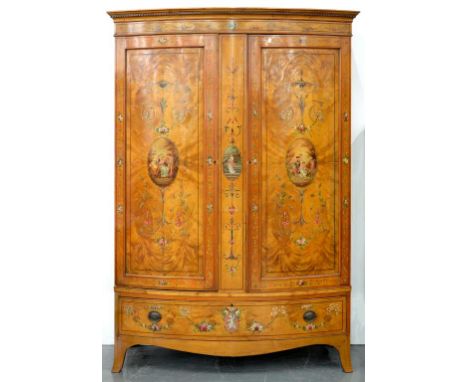 AN EARLY 20TH C PAINTED SATINWOOD BOW FRONTED WARDROBE, 203CM H; 145 X 47CM