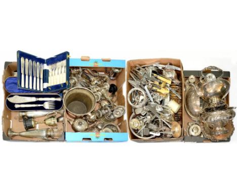 MISCELLANEOUS VICTORIAN AND LATER PLATED WARE, TO INCLUDE A TEA KETTLE AND LAMP STAND, ROSE BOWL, PAIR OF CANDELABRA, ENTREE 