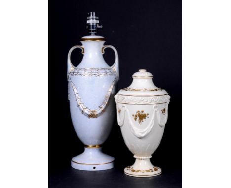 FOUR VARIOUS BRITISH AND CONTINENTAL GLASS UTILITY BOTTLES, VARIOUS SIZES, ALL 19TH C, A WEDGWOOD QUEEN'S WARE VASE AND COVER