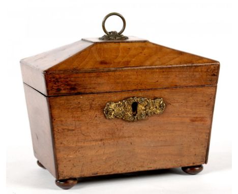 AN EARLY VICTORIAN MAHOGANY TEA CADDY OF SARCOPHAGUS SHAPE, 18.5CM W
