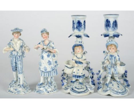 A PAIR OF GERMAN PORCELAIN BLUE DECORATED CANDLESTICK FIGURES OF A BOY AND GIRL, 16.5CM H, INCISED NUMBERS, LATE 19TH C AND A