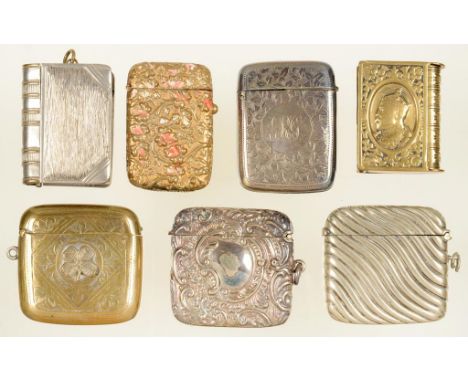 SEVEN VARIOUS LATE VICTORIAN AND EARLY 20TH C EPNS AND BRASS VESTA CASES, INCLUDING AN EDWARD VII BOOK SHAPED EXAMPLE, STAMPE