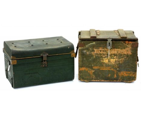 AN IRON BOUND PAINTED PINE AMMUNITION BOX, 50CM H; 60 X 40CM AND A PAINTED TIN TRUNK 