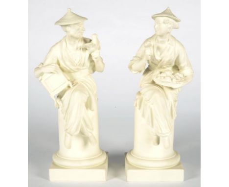 A PAIR OF ROYAL WORCESTER BISCUIT CHINOISERIE FIGURES OF L'OISEAU AND LA FLEUR, MODELLED BY A. AZORI, 29CM H, PRINTED MARK, C