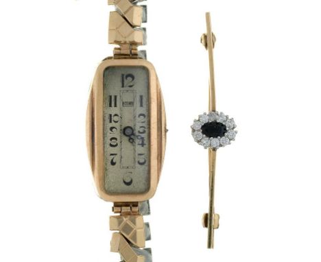 A ROTARY 9CT GOLD LADY'S WRISTWATCH WITH BASE METAL STRAP AND A GEM SET 9CT GOLD BAR BROOCH, 45MM, 2.1G++WRISTWATCH MISSING C