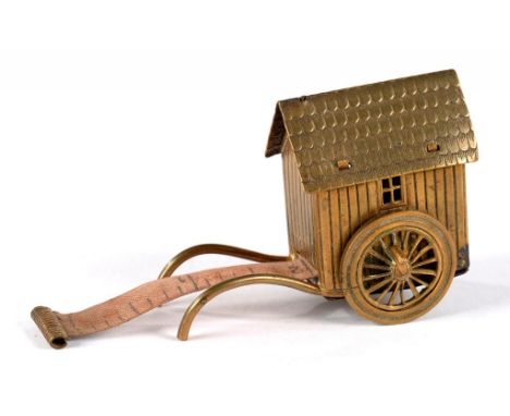 NEEDLEWORK TOOLS. AN UNUSUAL VICTORIAN BRASS BATHING MACHINE NOVELTY TAPE MEASURE, 5CM H, 19TH C