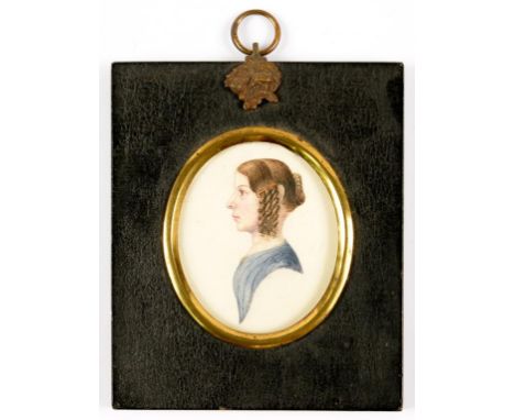 ENGLISH SCHOOL, 19TH C, PORTRAIT MINIATURE OF A YOUNG WOMAN, OVAL 6.5 X 5.5CM, PAPIER MACHE FRAME WITH BRASS HANGER