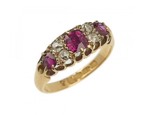 A VICTORIAN RUBY AND DIAMOND RING  in 18ct gold, Birmingham 1895, 3.6g, size H++Diamonds apparently original if a little mism