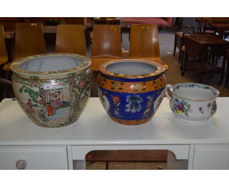 Large Oriental planter decorated with figures and internally with fish together with a smaller gilt rimmed planter and a cham