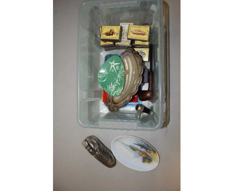 Box containing a quantity of matchboxes, novelty lighter in a football boot etc