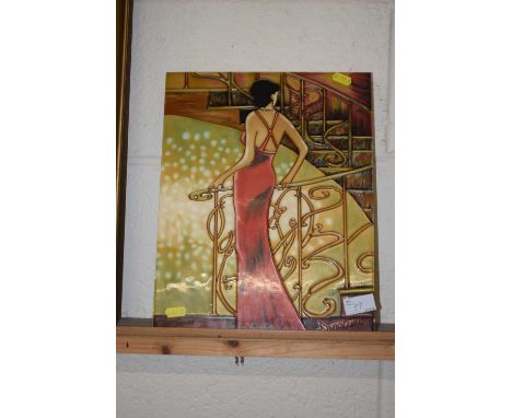 A painted pottery tile in Art Deco style, 36 x 28cm