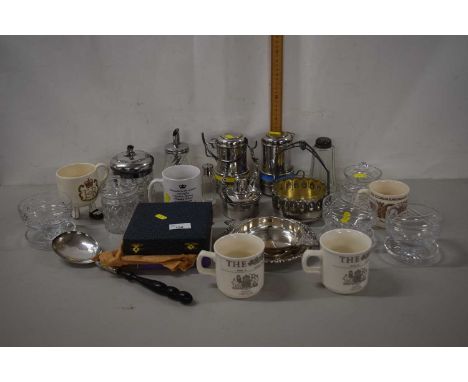Group of glass and silver plated wares including a set of cake knives, a ladel, glass bowls, ceramic mugs