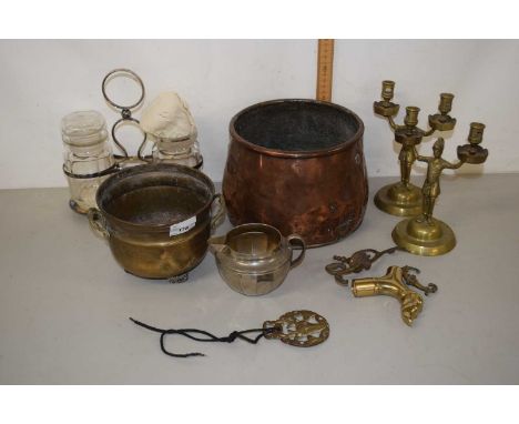 Large copper pot and other metal wares including brass candlestick , brass walking stick modelled as a dogs head