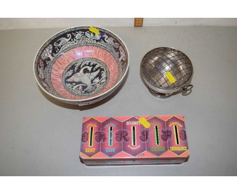 New Hall Boullemier ware of a lustre bowl together with a 1960's tin money box and flower holder