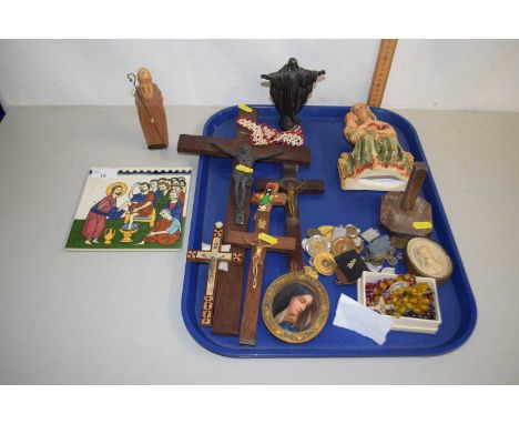 Group of various religious figures including a Spelter model of Christ, tile featuring Christ washing the Diciples feet and f