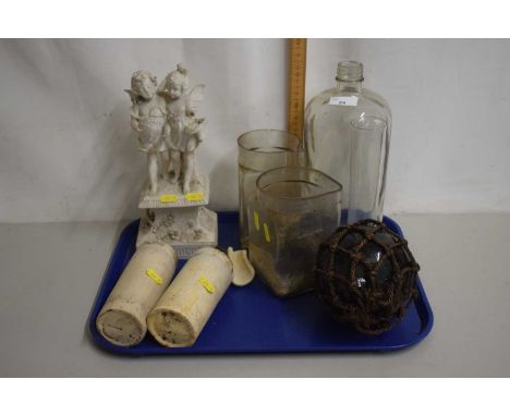 Tray containing a mixture of glass containers, bisque ceramic figure of two children etc