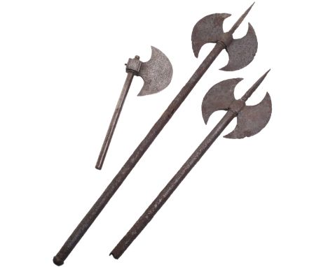 A Pair of 19th Century Persian All-Steel Axes, double crescent heads 13cms, iron hafts and top spikes (both heavily pitted, o