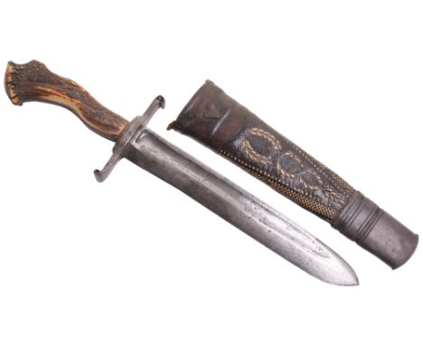 A heavy 19th Century Continental (or even Mexican) Hunting Knife, straight fullered blade 9.75”, recurved iron crosspiece, 2 
