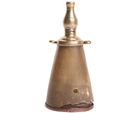 An 18th Century Cow Horn Powder Flask, tapered conical body (incomplete) with baluster-shaped sprung brass charger, twin susp