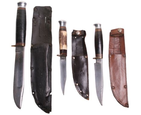 William Rodgers Hunting Knife, with 16 ¾ cm blade. Housed in its original leather scabbard which is stamped Made in Sheffield