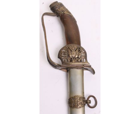 Turkish Infantry Officers Sword in the Imperial German 1889 style. Horn handle, fold down brass guard with trophy of arms and