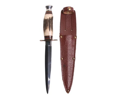 Private Purchase Officers Knife with plated top pommel and brass cross guard. Stag horn handle. Un-marked double edged blade.