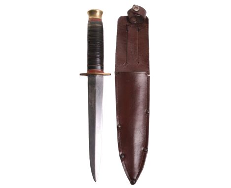 British Private Purchase Taylor Witness Sheffield Officers Knife, with brass top pommel and cross guard. Leather bound handle