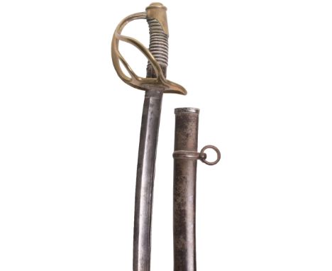 A Continental Cavalry Trooper’s Sword, mid-19th century, curved single edge fullered blade 34”, regulation triple bar brass g