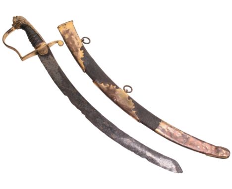 Cut Down British Georgian Officers Sword, plain gilt metal knuckle bow with lion head pommel, plain langet. Grip retains the 