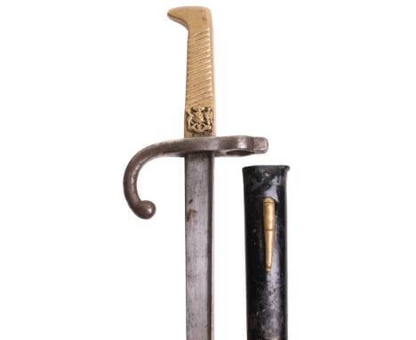 Chile Police Side Arm / Bayonet circa 1910, brass one piece handle with brass national badge to the lower section of the hand