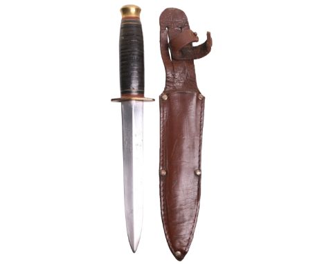 WW2 Southern & Richardson Private Purchase Fighting Knife, with brass top pommel and bras cross guard. Leather bound handle. 